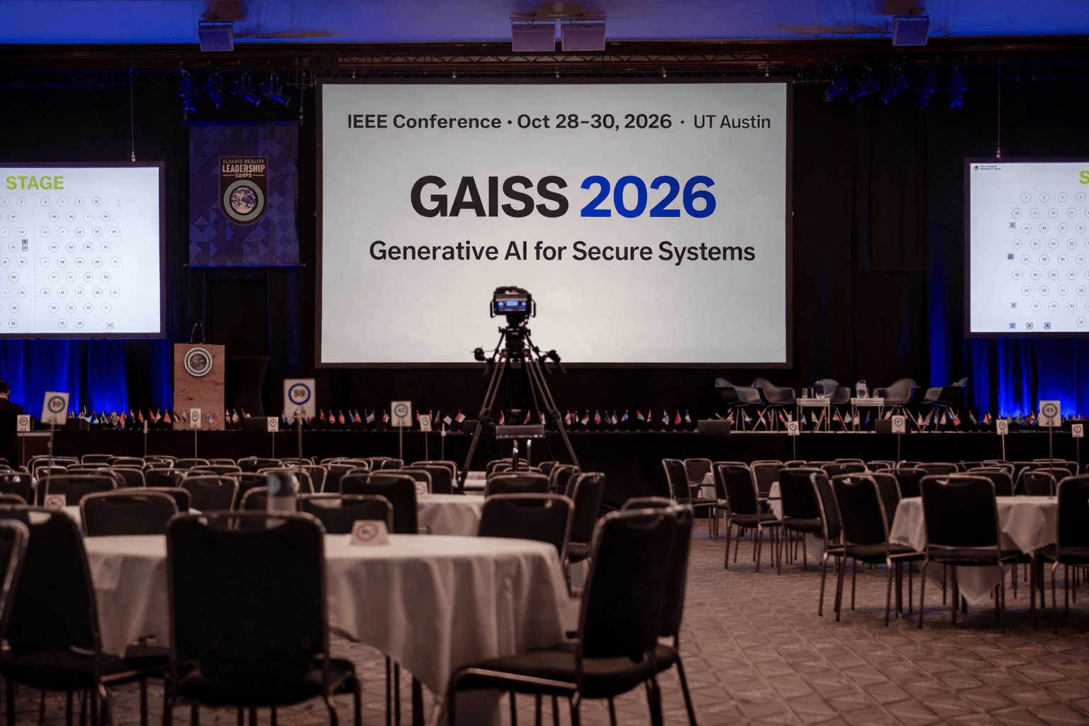 Decorative photograph of a conference hall used as a background.